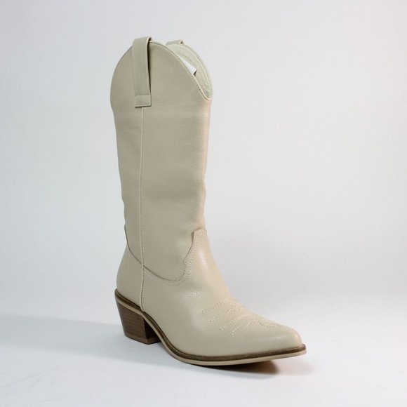 DKNY Womens Beige Studded Zari Round Toe Block Heel Leather Cowboy Boots